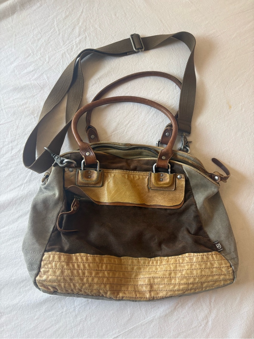 Distressed Canvas and Leather Two-Tone Shoulder Bag in Brown Tan Olive